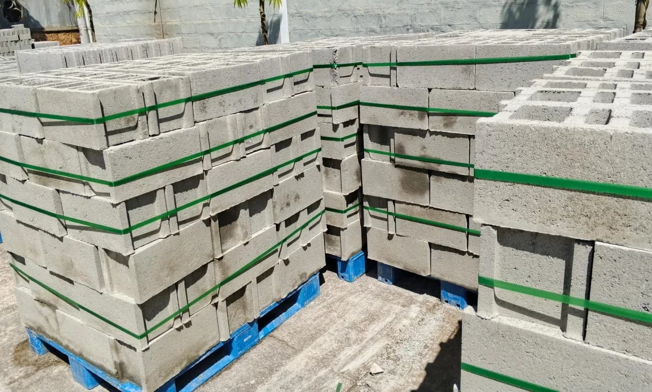 Hollow blocks banded into counted bundles ready for dispatch